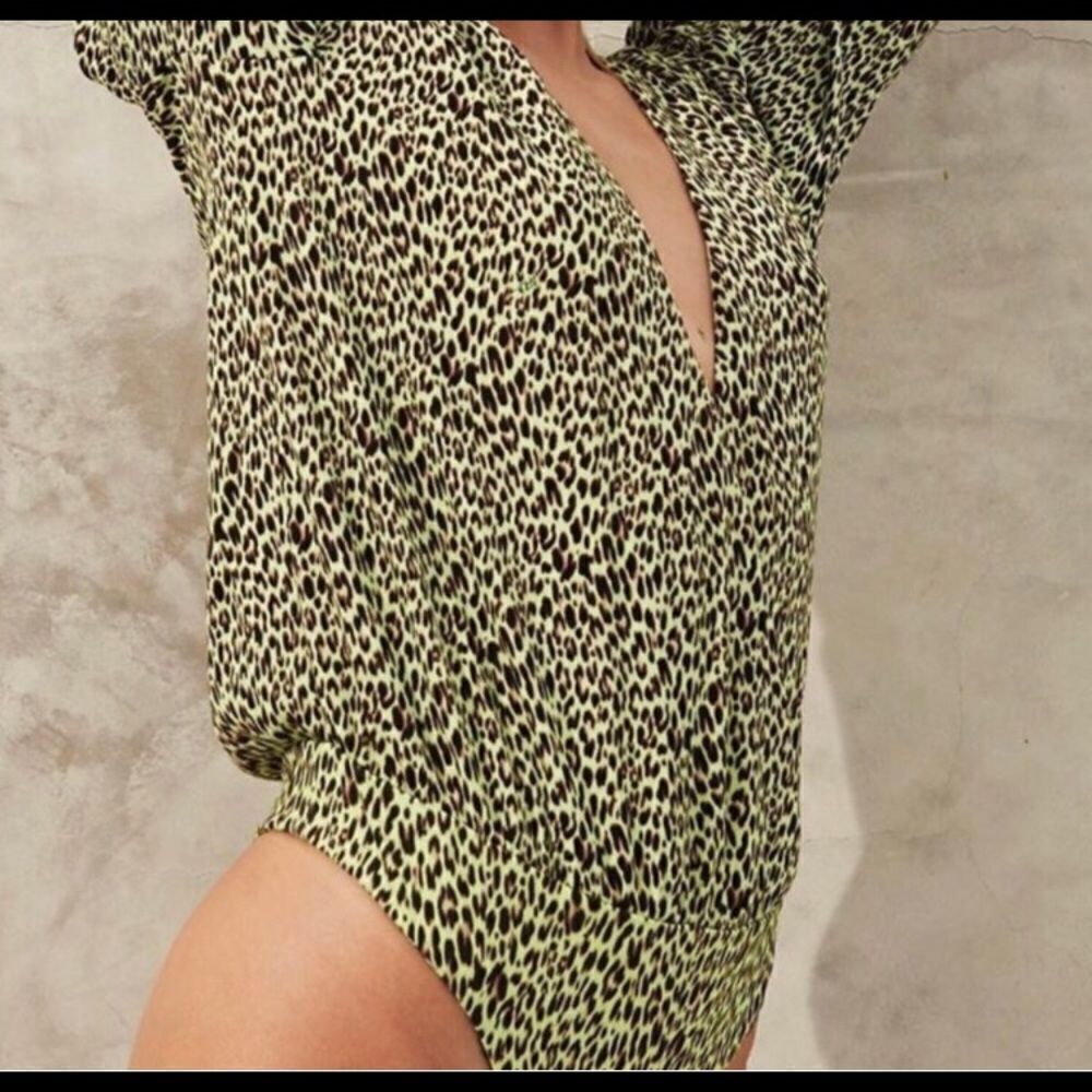 AFRM Nora Thong Body Suit in Limelight Leopard XS